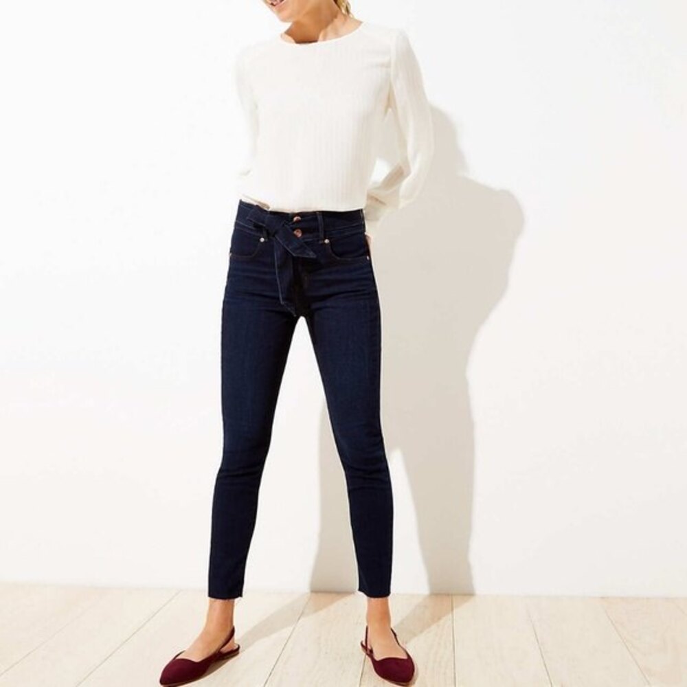 Dark Denim LOFT Belted High Waist Skinny Jeans (NWT)